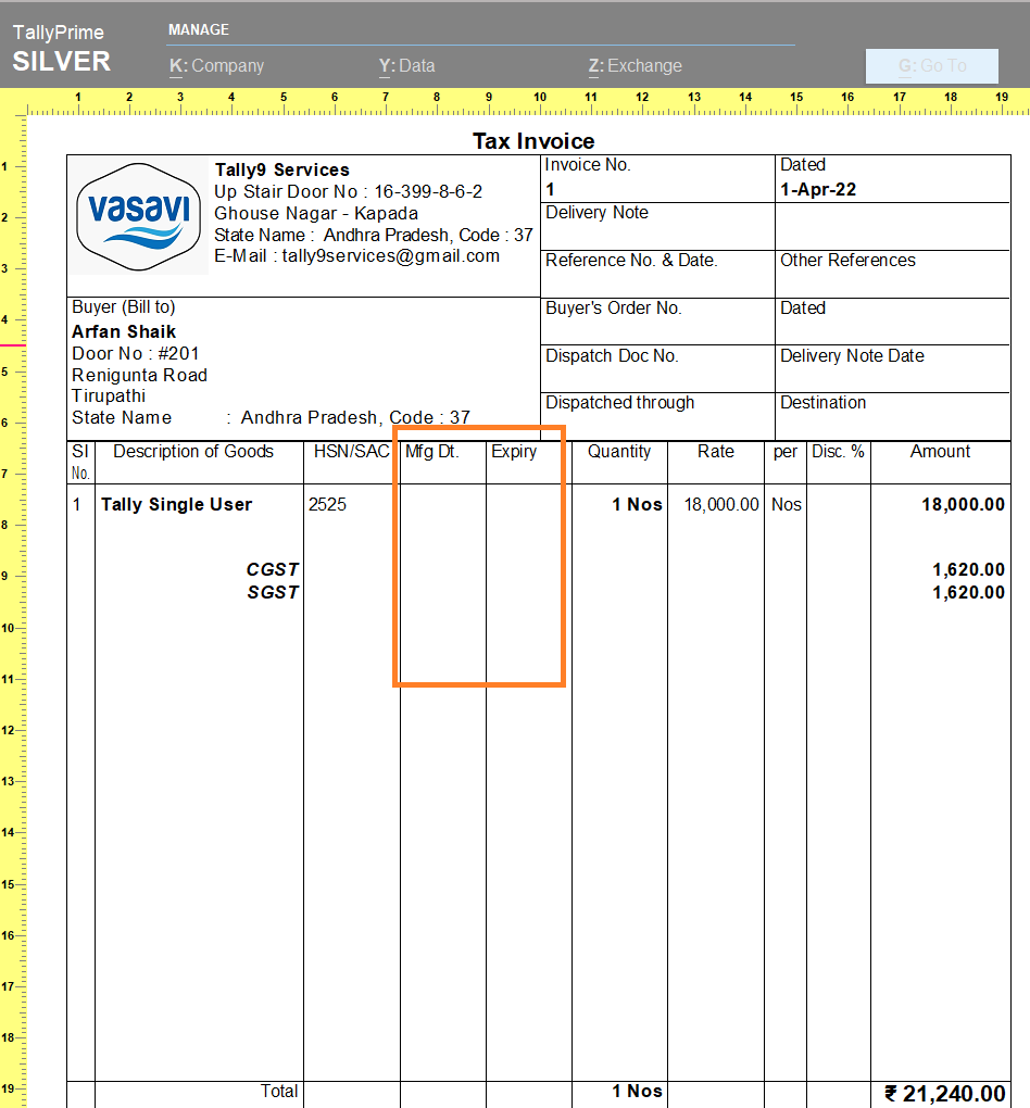 Batch Detail Column in Sales Invoice Formats – TallyPrime add-on by AK Soft Solutions