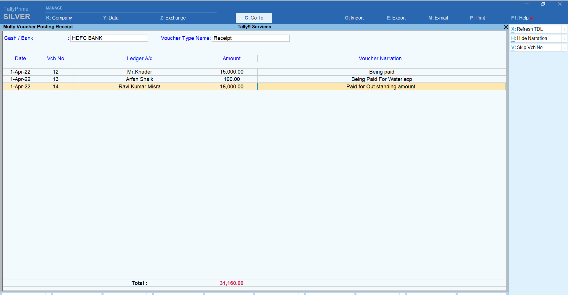 Multi Voucher Posting Payments & Receipts Customized – TallyPrime add-on by AK Soft Solutions